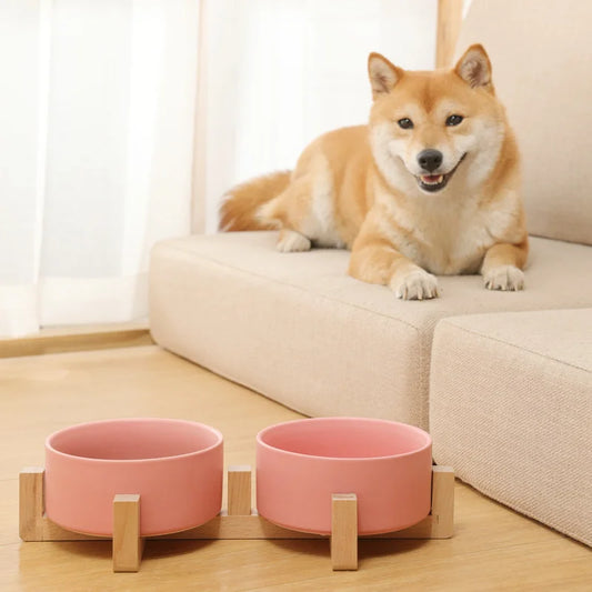 Ceramics Double and Single Bowls with Wood Stand